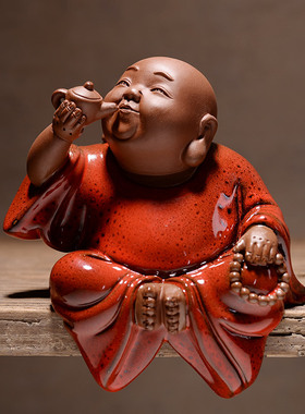 中式红色陶瓷手 招财弥勒笑佛 客厅博古架装饰摆设