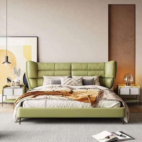 意式高端主卧室现代简约真皮床轻奢极简风1.8米婚床1.5米双人软包