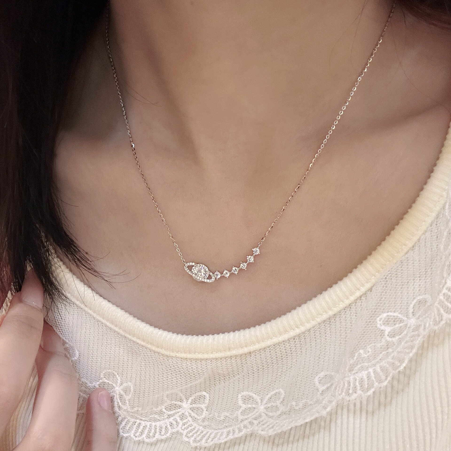 s925纯银超闪星球锆石项链女小众轻奢高级感锁骨链时尚精致项饰品