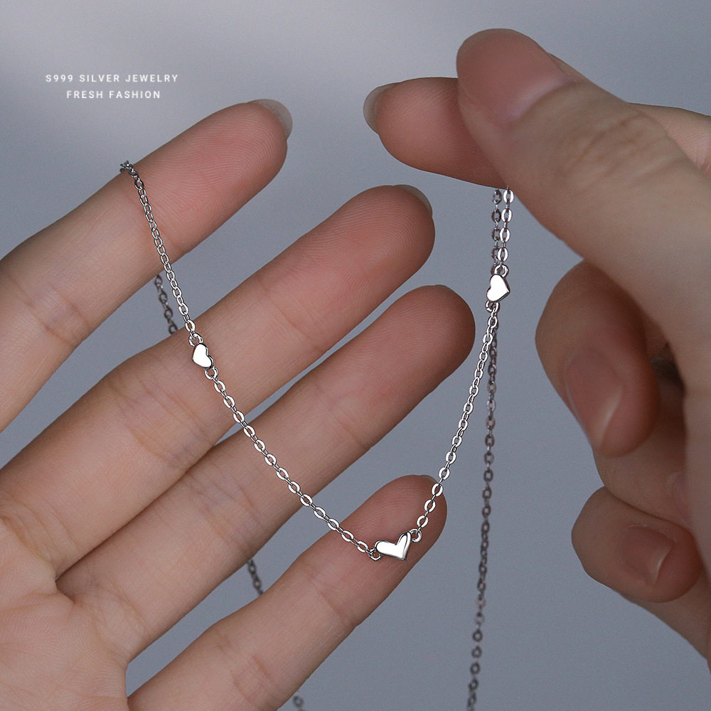 简约小清新爱心项链女s999足银简约百搭小众轻奢叠戴锁骨链