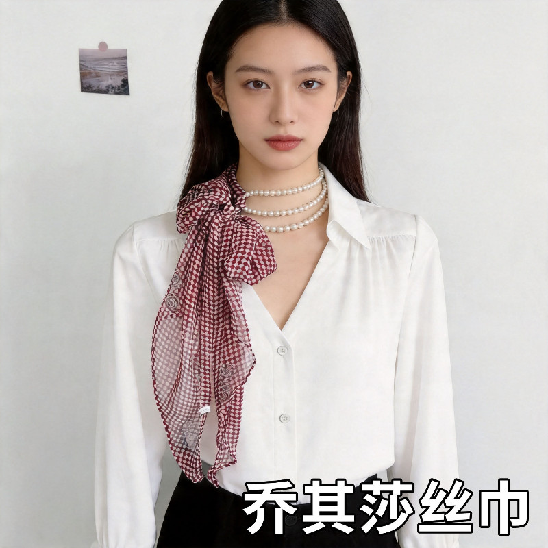 【红色方格】乔其莎丝巾新款开春女士百搭风时尚外搭围巾头巾飘带