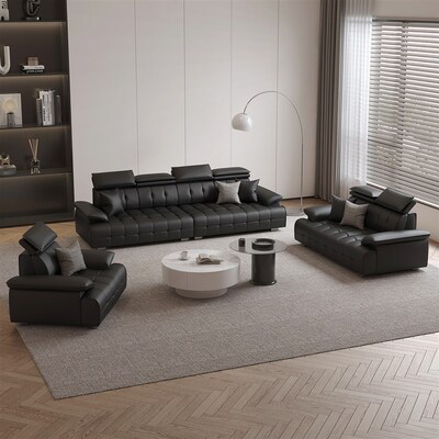 意式轻奢劳伦斯高靠背黑沙发客厅家用极简真皮直排一字型沙发组合