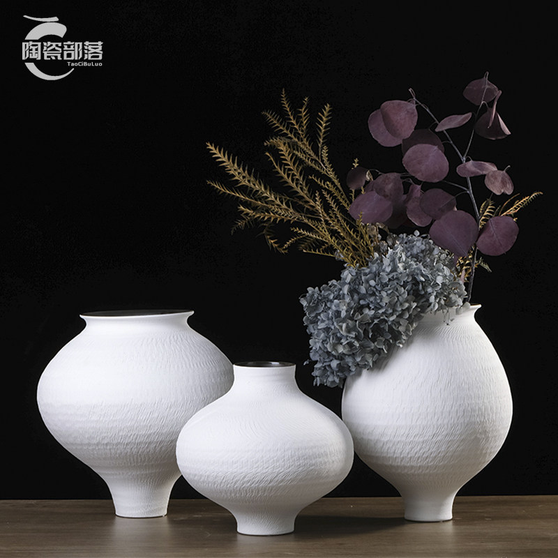 新中式现代简约白色粗陶陶瓷花瓶摆件客厅插花花器酒店样板间陶罐