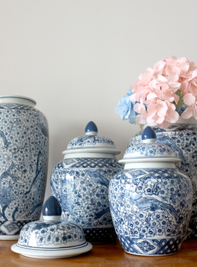 陶瓷青花瓷花瓶喜上眉梢中式储物罐客厅装饰插花瓶复古摆件