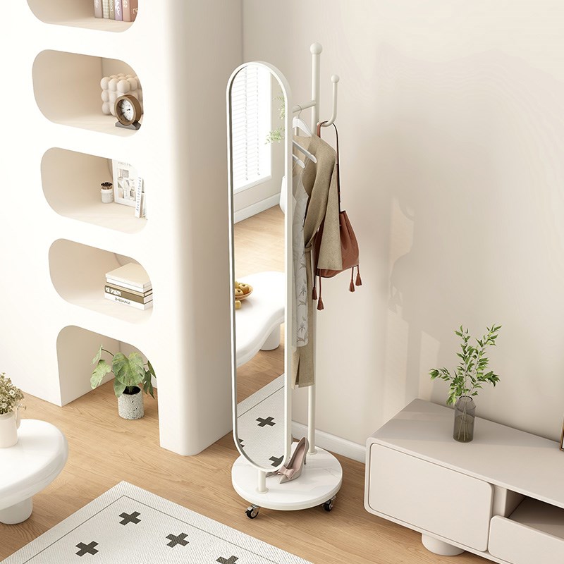 家用卧室落地衣挂一体镜可移动收纳挂衣架奶油风旋转穿衣镜衣帽架