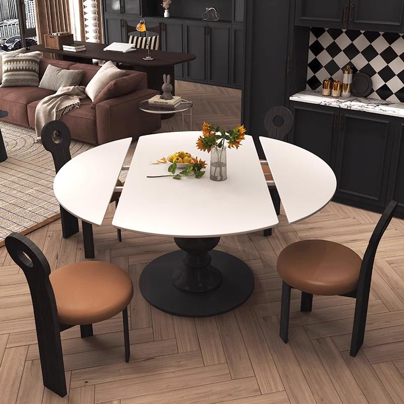 法式复古可伸缩岩板旋转餐桌可变圆桌方圆两用折叠黑色实木小户型