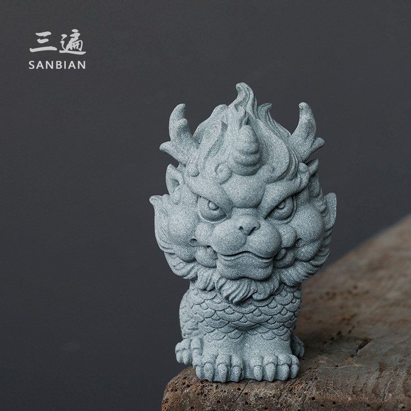 三遍 青砂石麒麟茶宠摆件茶盘鱼缸造景瑞兽貔貅家居创意国潮精品