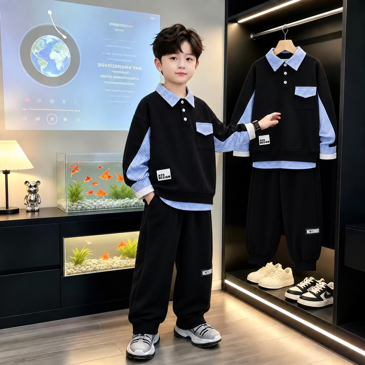 男童秋装套装2026新款春秋季中大童装秋款假两件POLO衫卫衣两件套