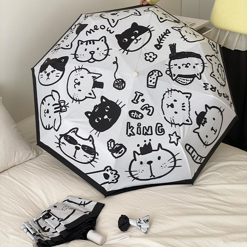ins呆萌小猫自动雨伞女折叠结实晴雨两用学生遮阳防紫外线太阳伞