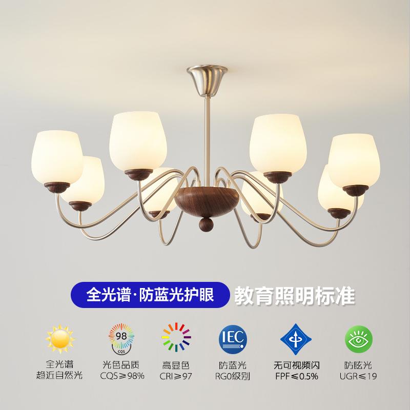 法式复古中风客厅吊灯高级感美式餐厅卧室胡桃木色玻璃灯罩吊灯