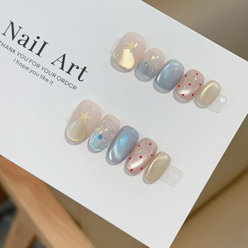 奶油蓝色可爱猫眼波点亮片纯手工少女风日常穿戴甲工具包