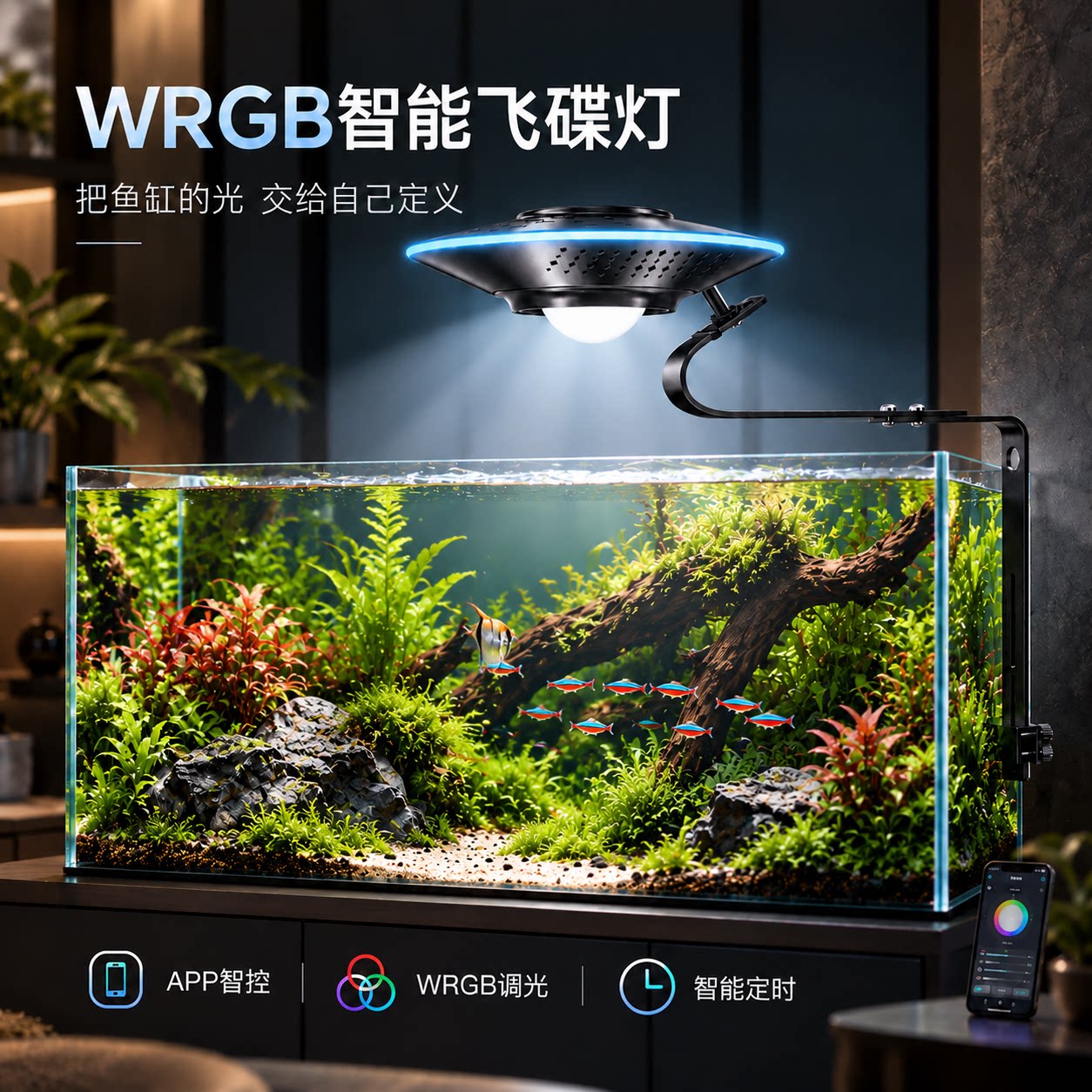 亿丹飞碟鱼缸灯全光谱LED水族灯 水草灯原生溪流缸爆藻爆苔专用灯