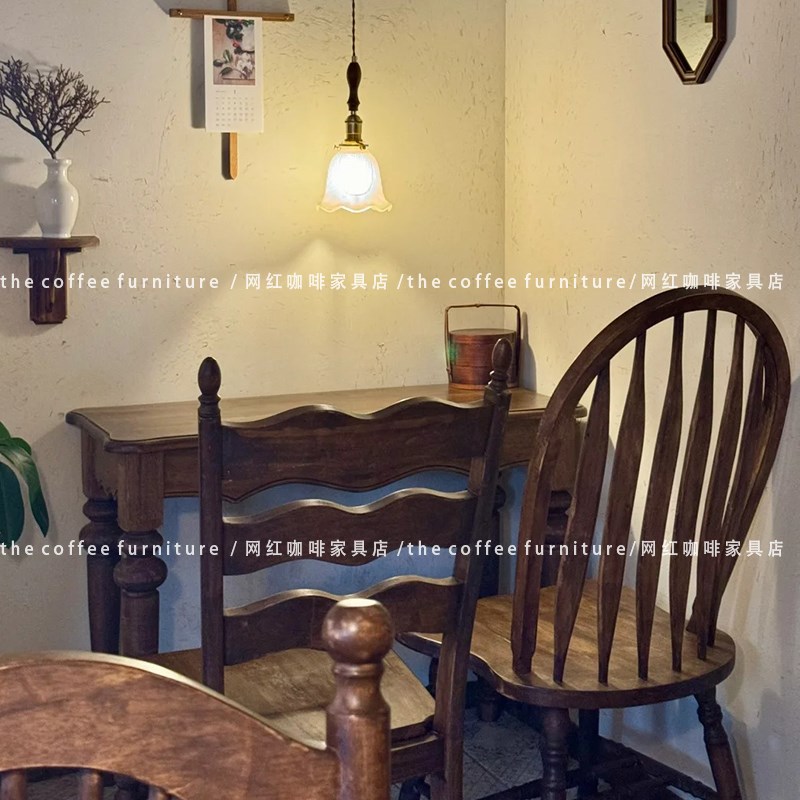 美式乡村中古胡桃木色实木经典温莎椅复古罗马柱餐椅酒店餐厅椅子