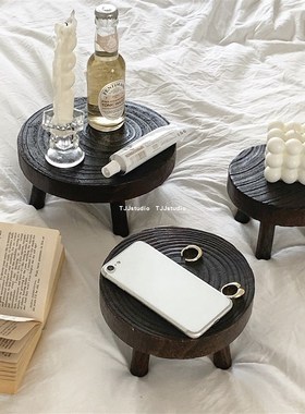 JJ丨复古做旧小板凳绿植盆栽增高架高脚实木圆形置物花盆架