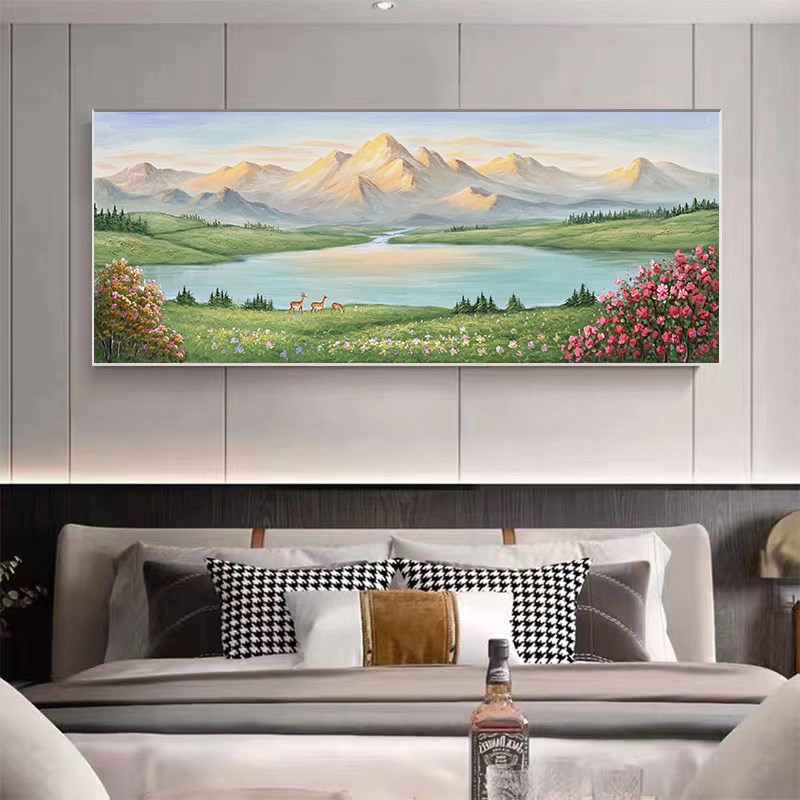 手绘油画客厅装饰画日照金山沙发背景墙挂画现代山水画聚宝盆风景