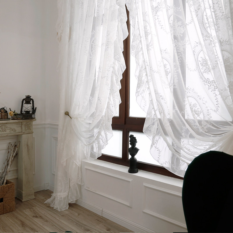 法式蕾丝纱帘复古荷叶边公主风网红卧室落地窗帘窗纱定制