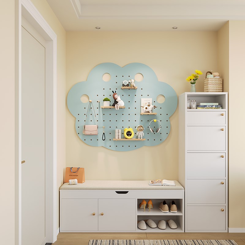 实木洞洞板入户玄关装饰展示架挂衣架一体