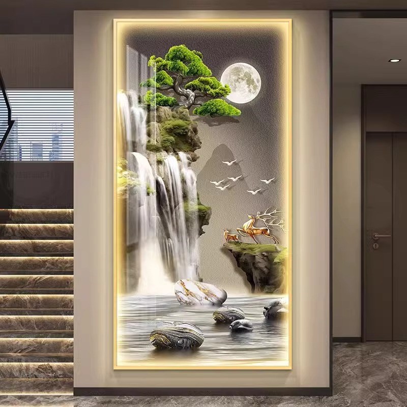 安装进门入户玄关装饰画迎客松挂画带灯走廊过道墙壁画灯画