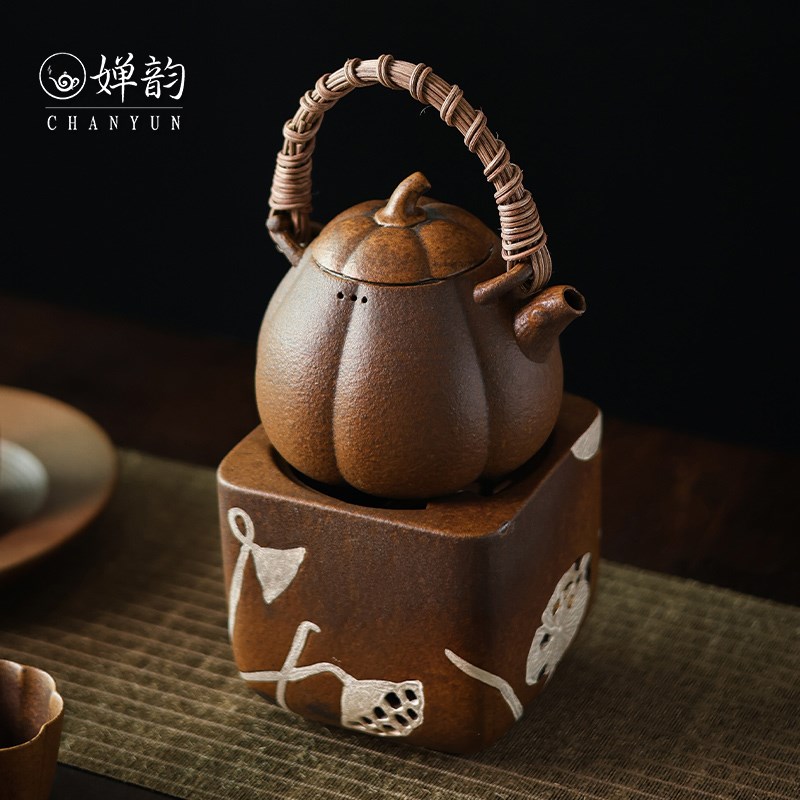 婵韵斋居灰念茶壶酱釉南瓜提梁壶描银荷塘温茶炉围炉煮茶月月