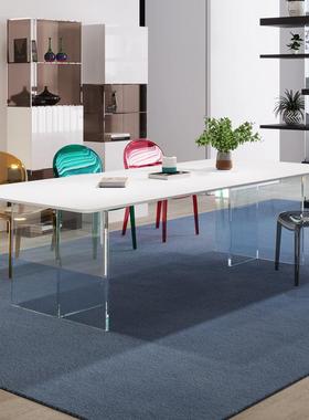 网红德利丰长方形桌子意式设计师创意白色悬浮岛台亚克力岩板餐桌