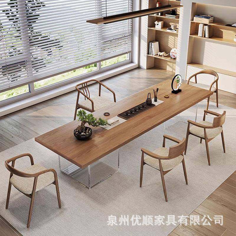 现代简约实木茶桌椅组合悬浮亚克力大板茶桌办公室透明桌腿茶台