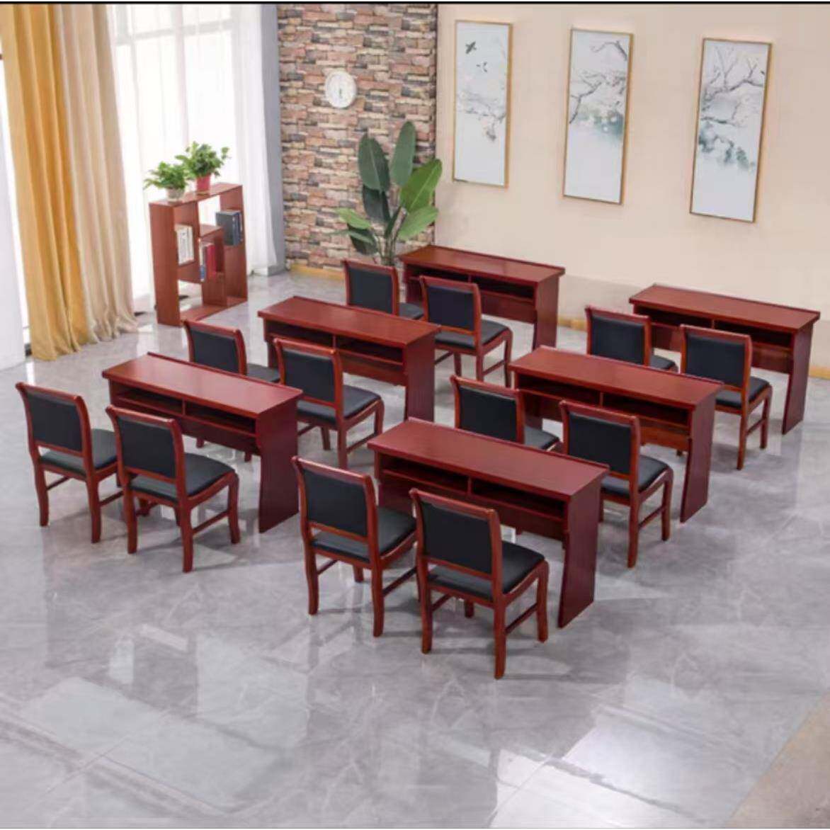 实木贴皮会议室双人会议桌条桌油漆培训桌椅组合长条形课桌