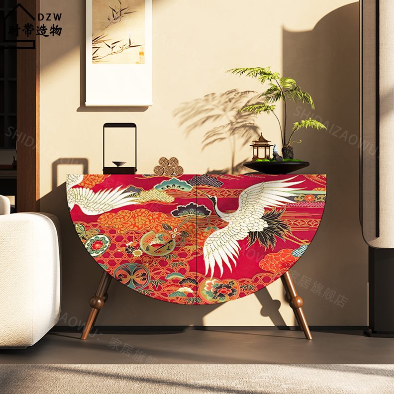 国潮玄关柜瑞鹤新中式家用卧室储物柜半圆子实木餐边柜客厅茶水柜