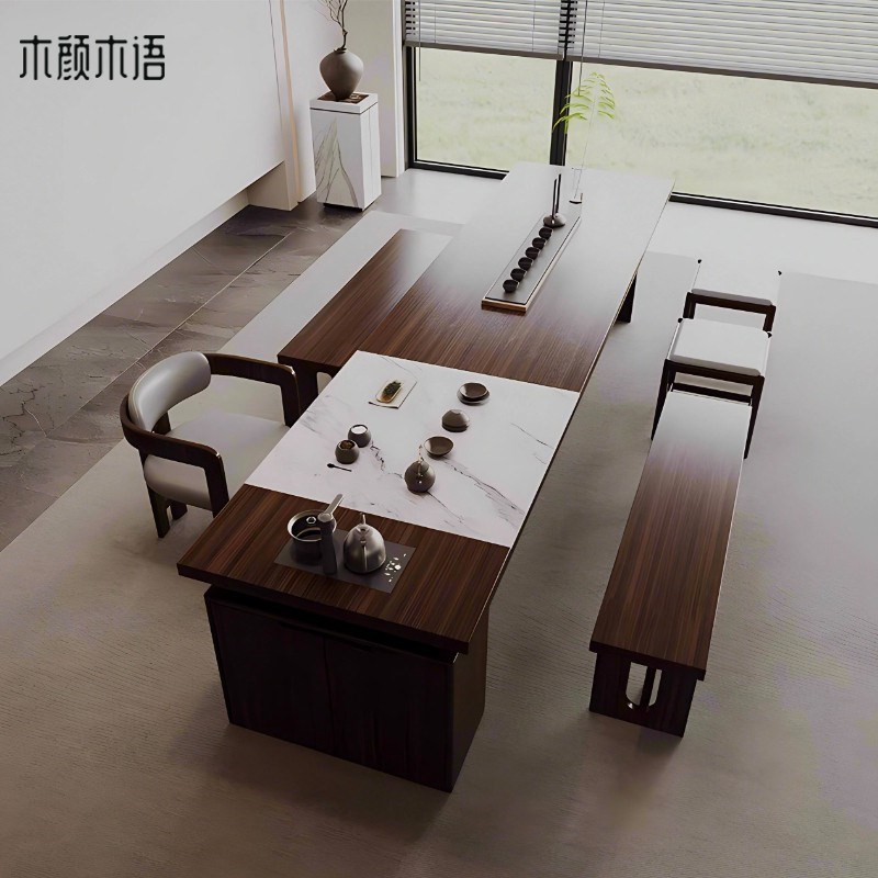 新中式黑胡桃木实木茶桌椅组合现代简约岩板高端烧水壶一体泡茶台