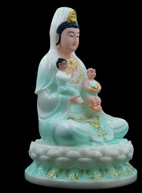 送子观音菩萨汉白玉家用供奉菩萨桌面双童送子观音神佛像摆件