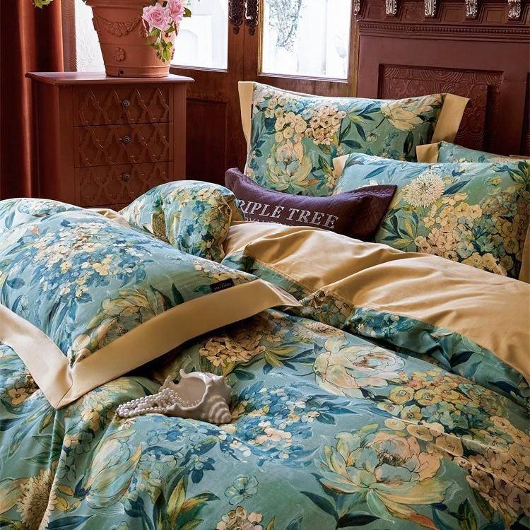 美式复古田园风花卉100支全棉长绒棉贡缎四件套数码印花宽边被套