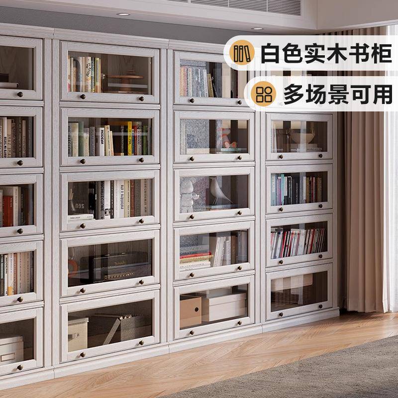 白色实木书柜带玻璃门客厅一体整墙落地防尘美式书架家用储物柜子