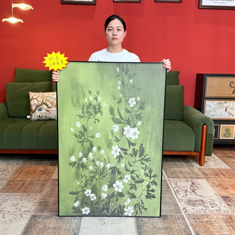 《迎春》绿色花卉装饰画玄关复古卧室书房壁画K043艺术春意80120图片