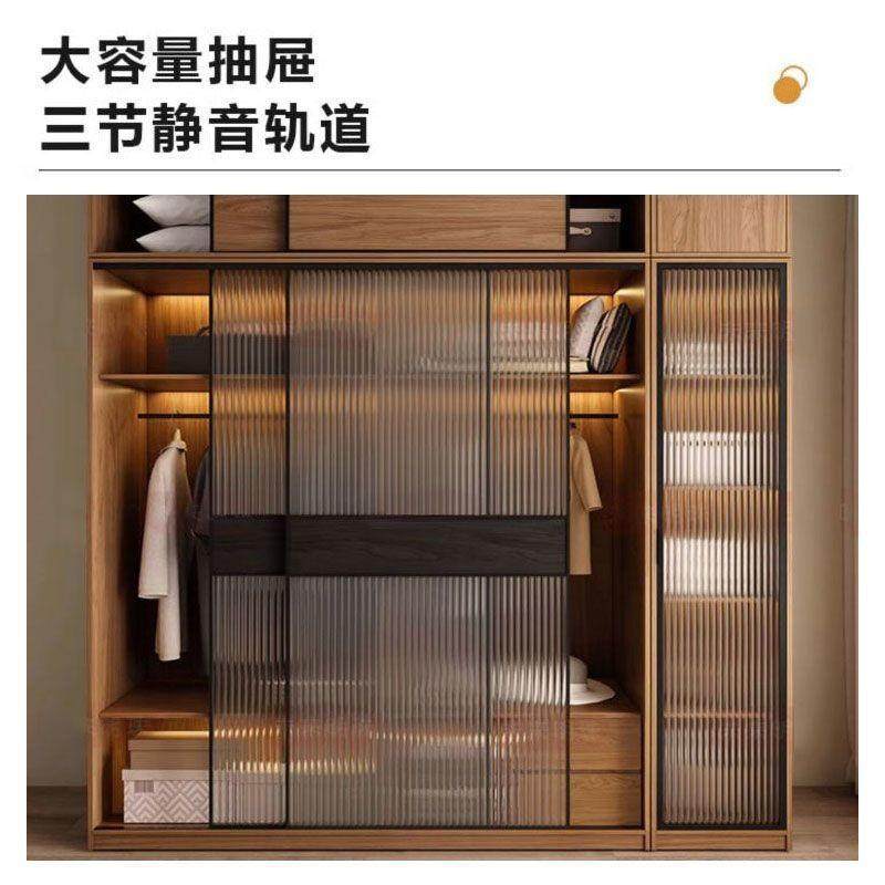 京桐推拉门衣柜简约现代小户型家用卧室储物柜收纳衣柜玻璃门带灯