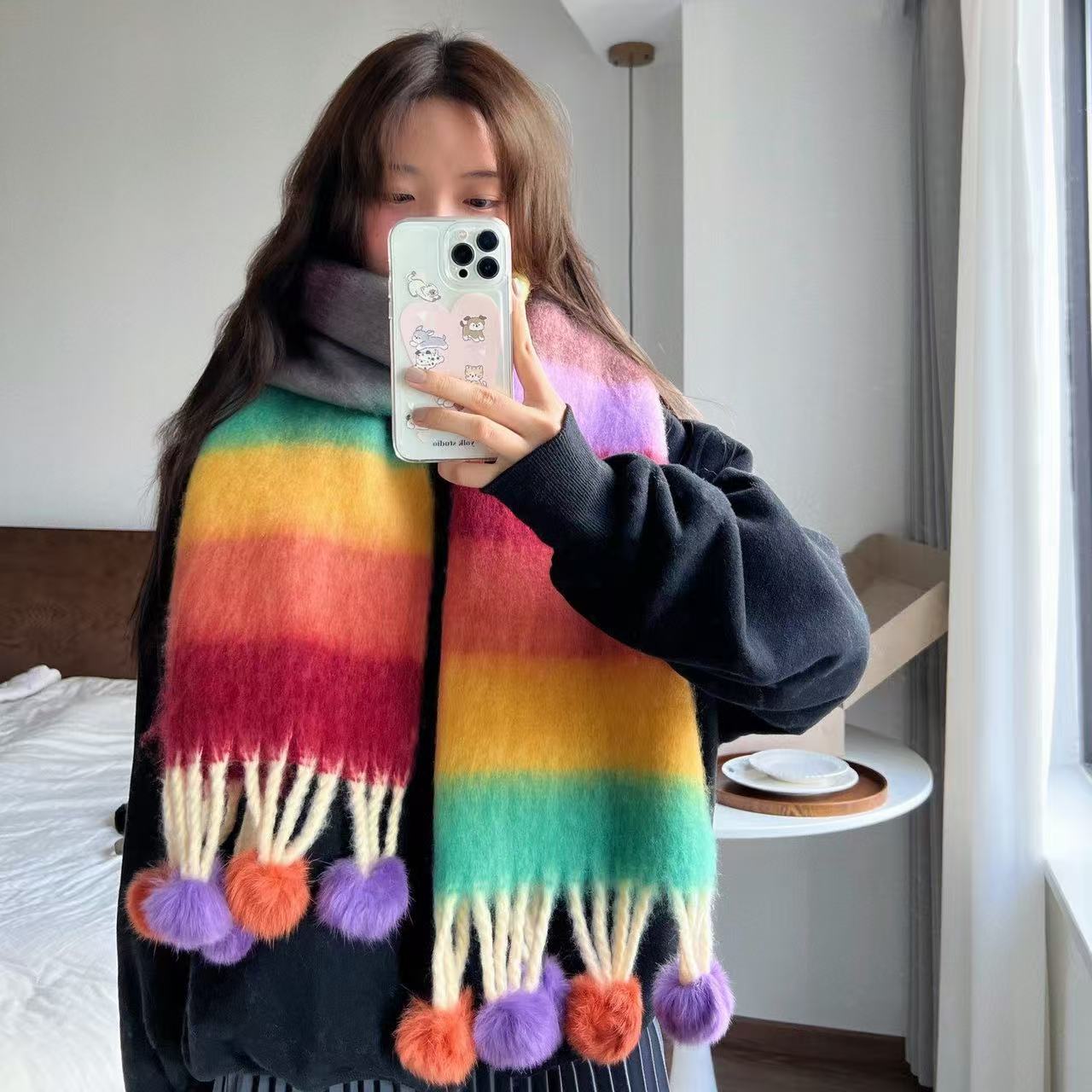 珀小棉彩虹围巾女多巴胺糖果色渐变毛球流苏韩版围脖保暖百搭