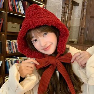 珀小棉红色小巫女帽子女秋冬日系毛绒系绳巴拉克拉法帽保暖护耳