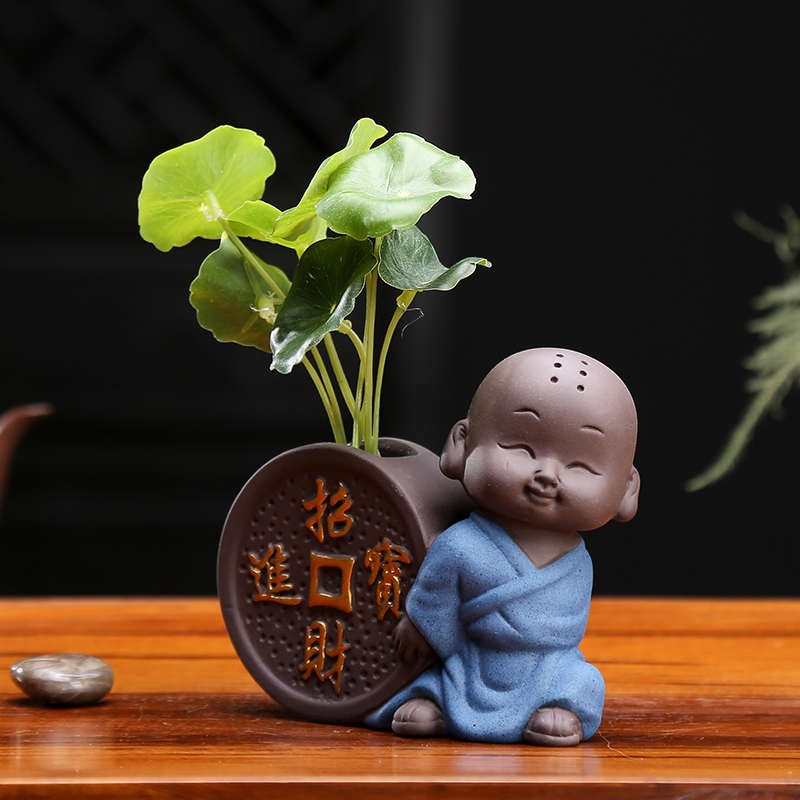 紫砂茶宠摆件精品 可养 小和尚茶台创意水培插花茶具装饰迷你花器