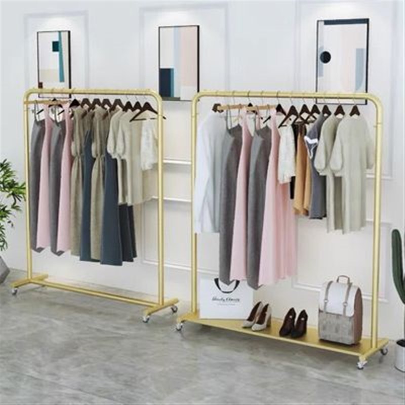 服装店展示架落地式女装货架金色挂衣架陈列组合店面侧挂带轮
