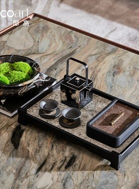 邸高家居新中式会所售楼处大堂茶几托盘茶具套装组合装饰摆件套装
