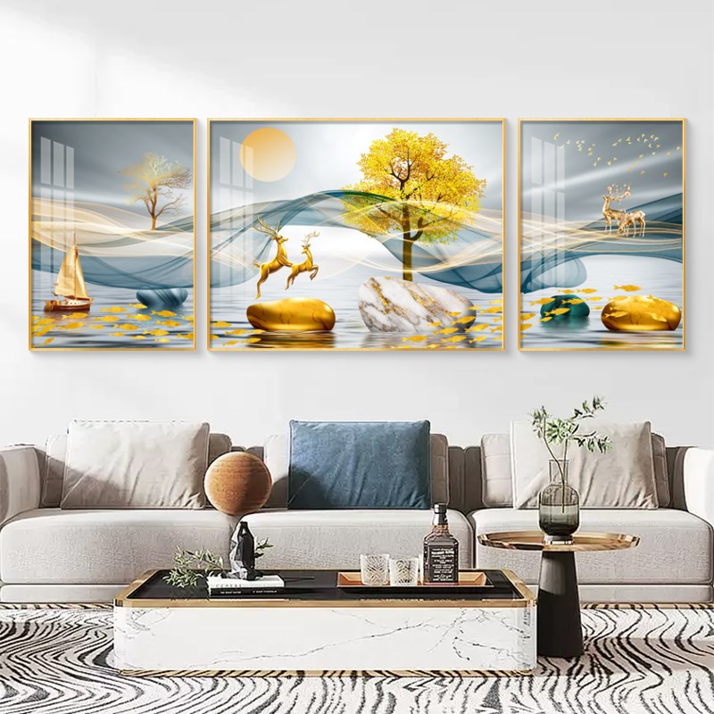 福鹿聚财客厅挂画北欧简约三联壁画高档大气墙画沙发背景墙装饰画图片