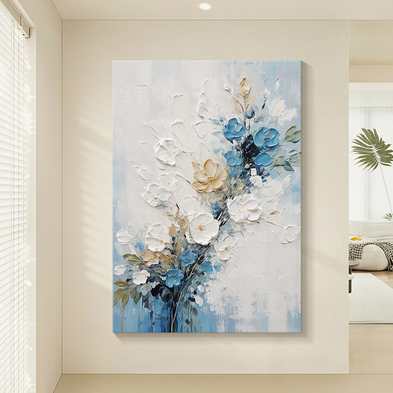 手绘油画奶油风客厅方形蓝色装饰画餐厅大幅高级感花卉挂画肌理画图片