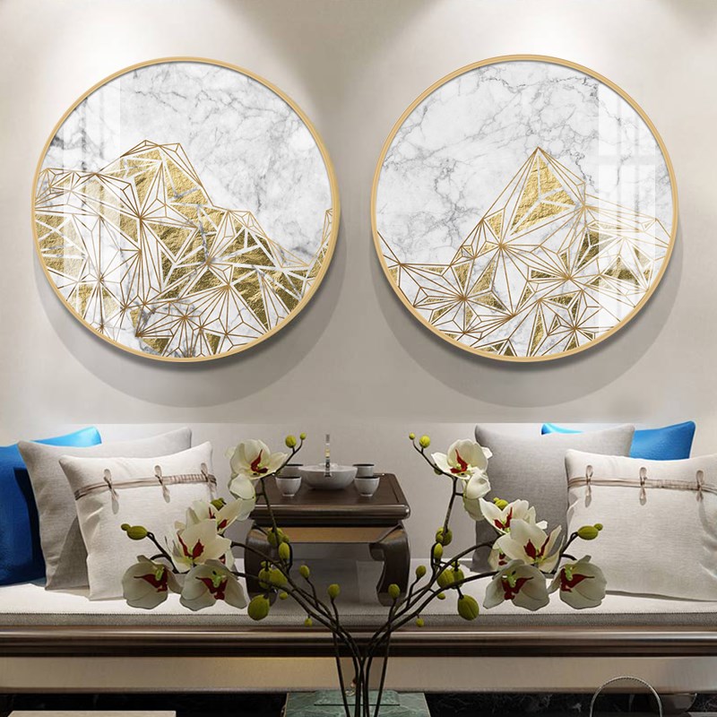 新品现代简约圆形新中式晶瓷画客厅样板间餐厅装饰画茶室组合挂画图片