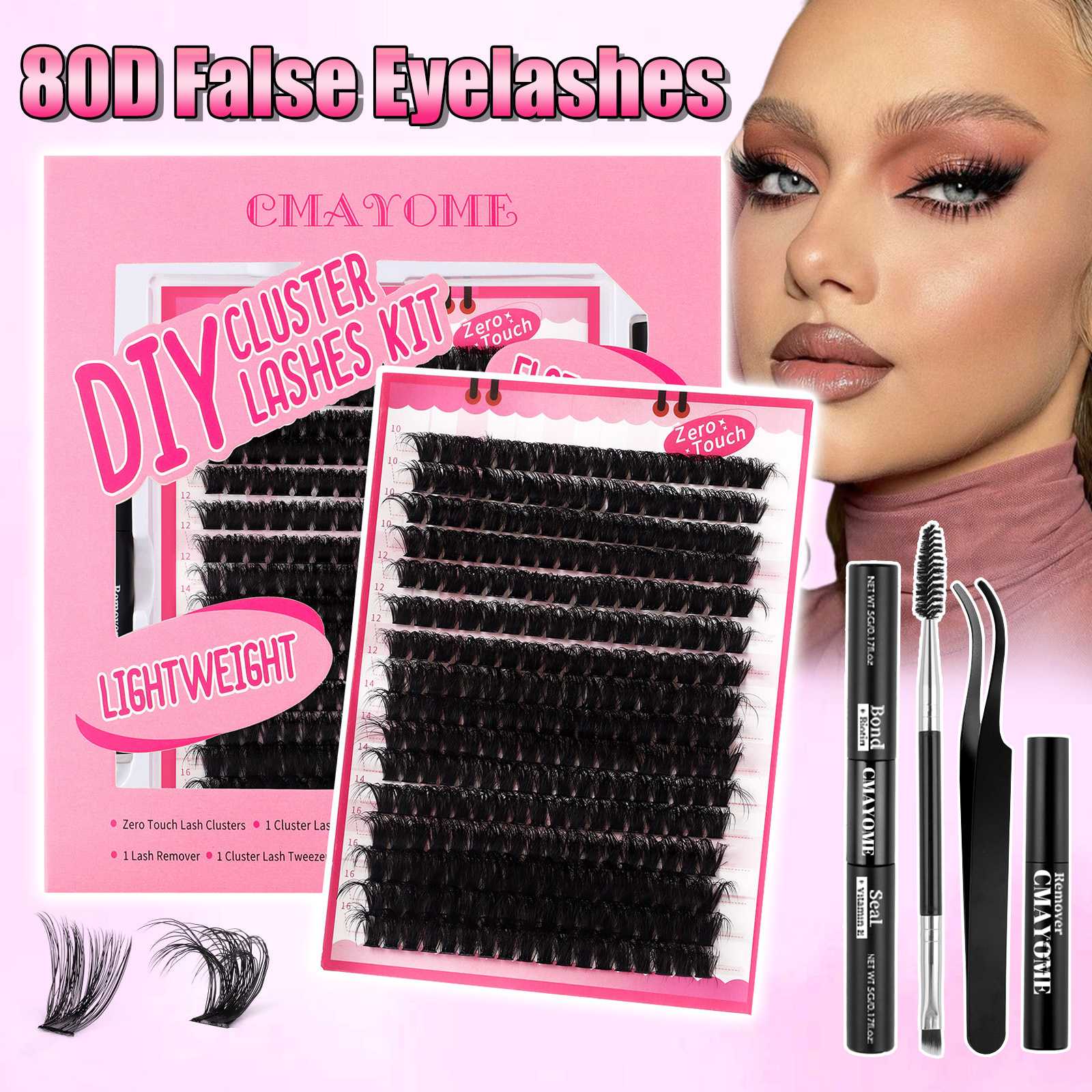 欧美DIY分段式D曲朵毛大容量自然浓密80D卷翘假睫毛工具套装