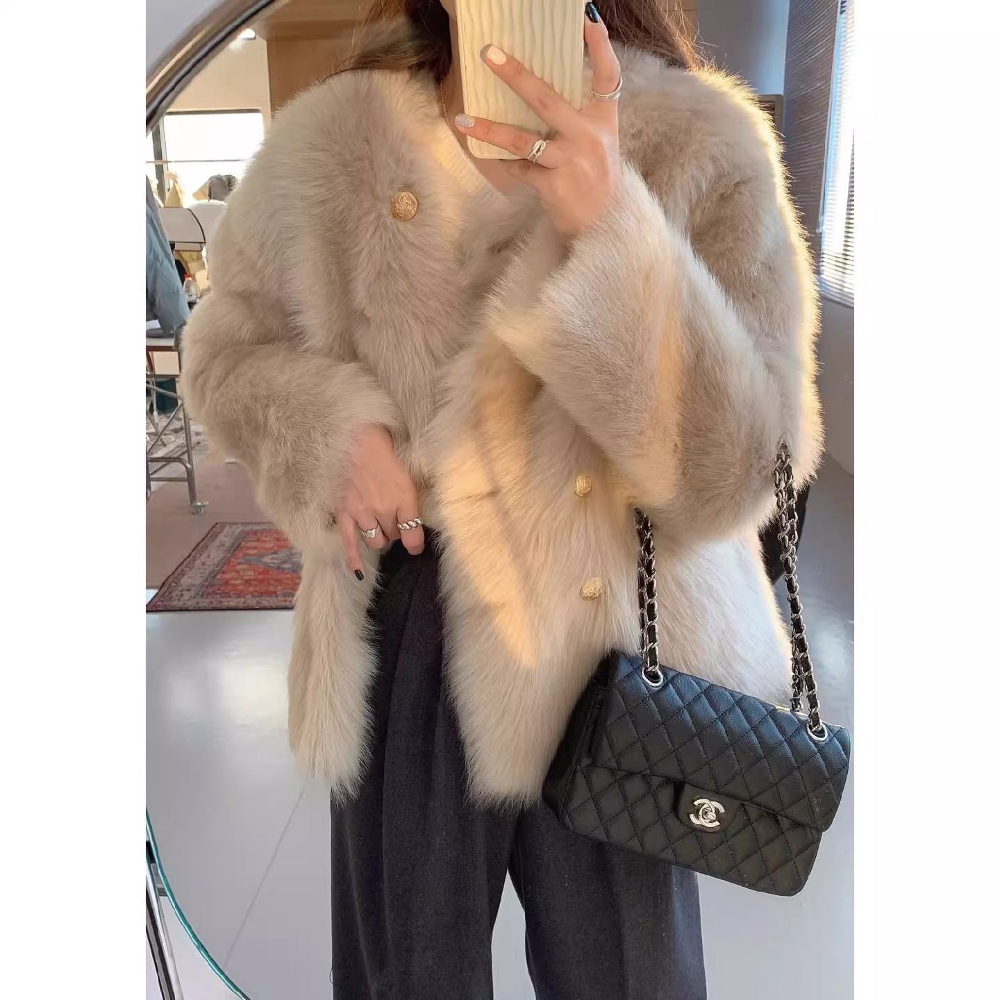 小香风短款皮草外套秋冬加绒毛毛皮毛一体小个子女士毛呢外套圆领