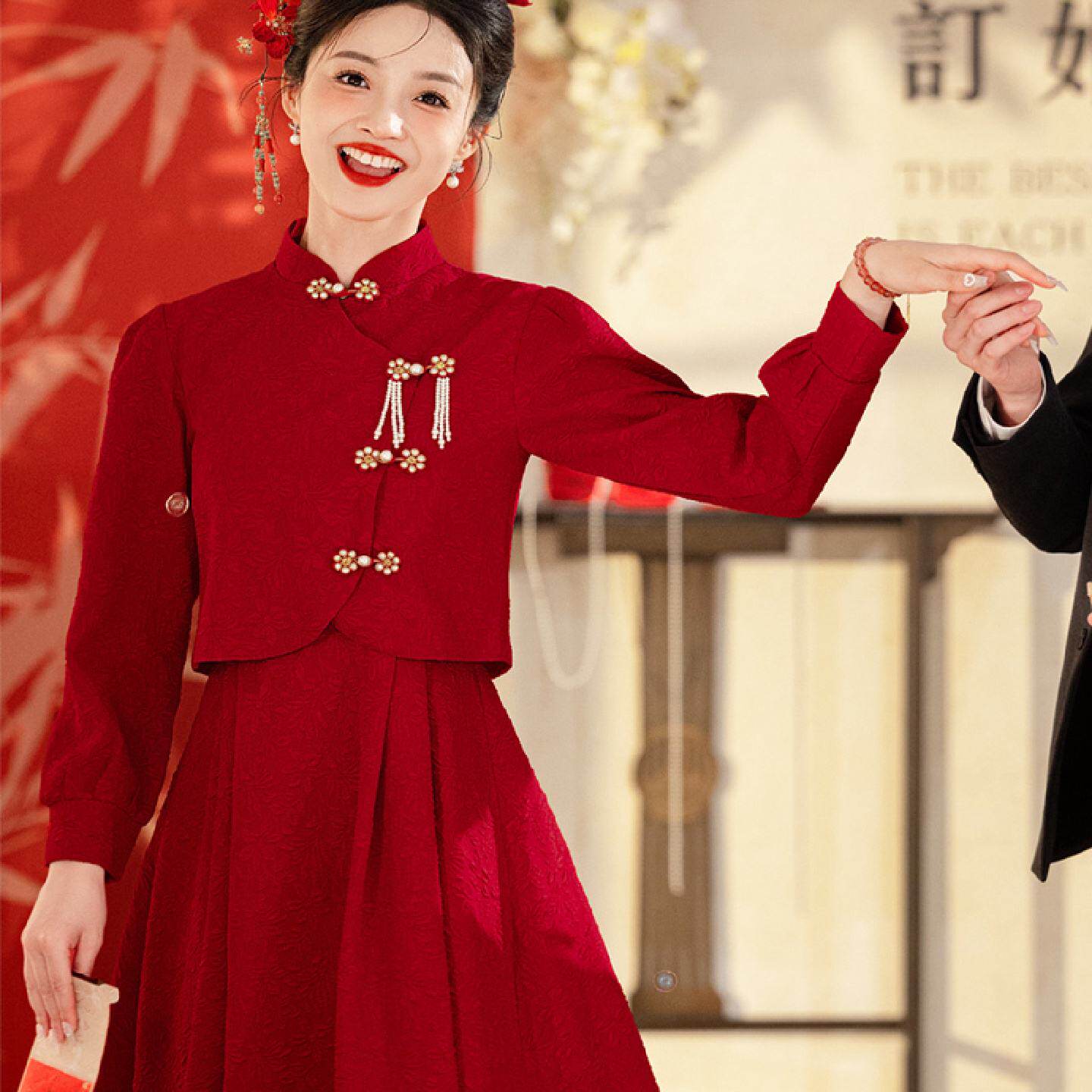 曼品质敬酒服新娘长袖春夏新中式旗袍红色订婚礼服连衣裙小个子回