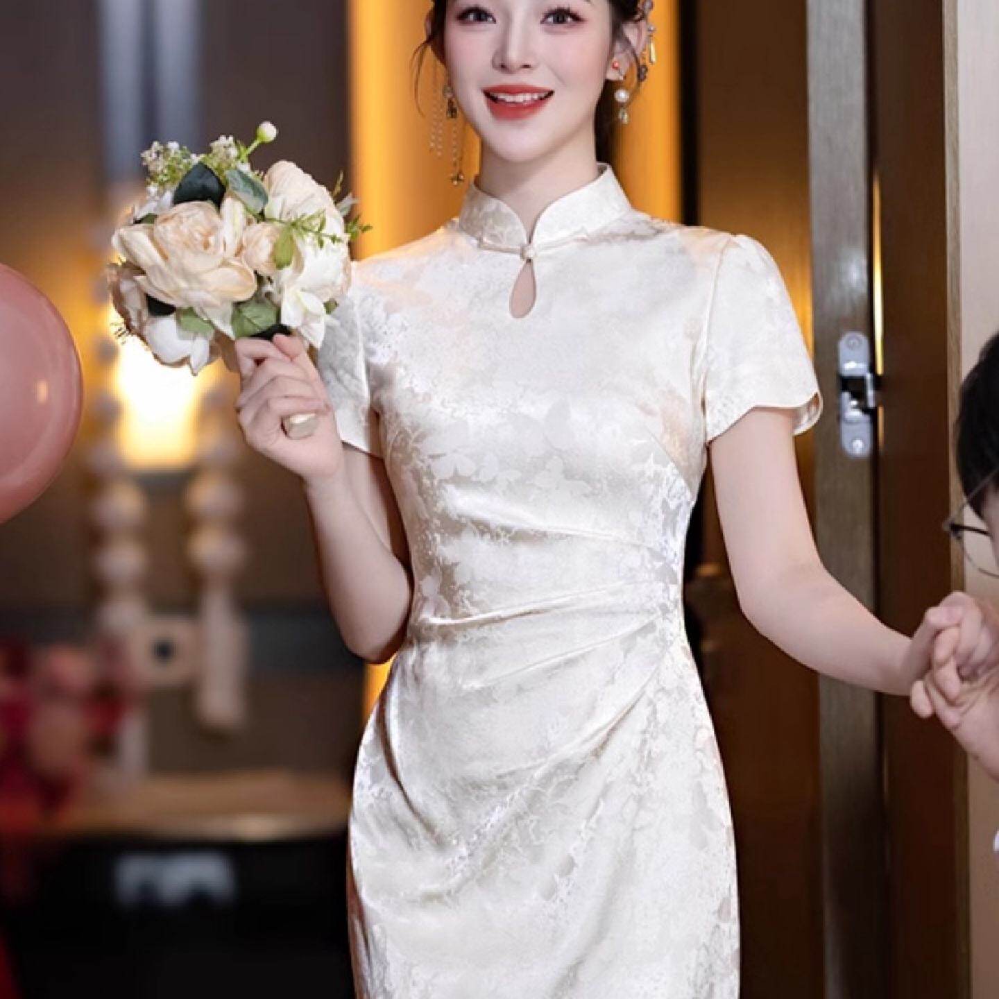 新中式香槟色日常旗袍敬酒服新娘小个子连衣裙领证登记女订婚礼服