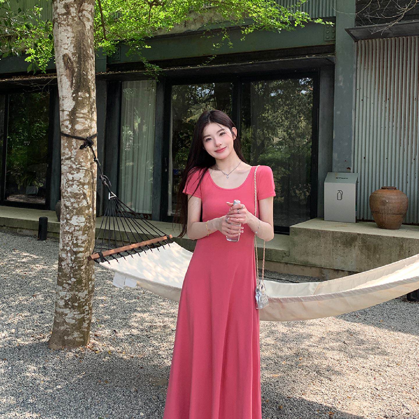纯色修身短袖连衣裙女度假长裙春夏季垂感中长款裙子