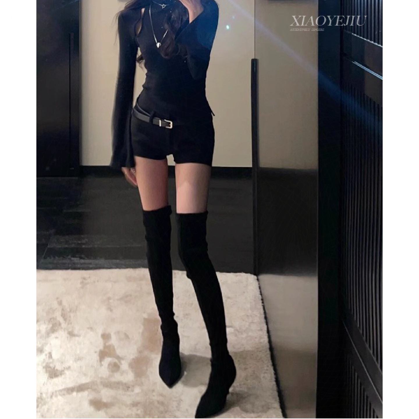 过膝高跟长靴子女2026秋冬新款绒面尖头瘦瘦靴高筒套筒细跟长筒靴