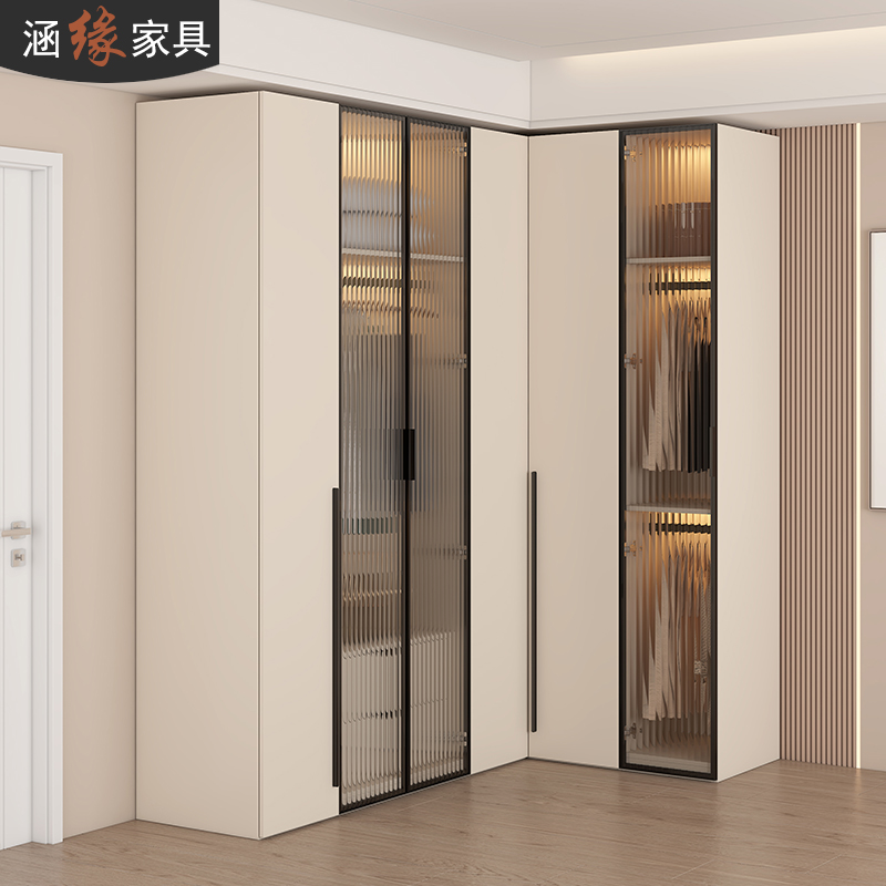法式奶油风转角衣柜家用卧室l型拐角衣橱衣帽间Q柜90度墙角柜定制