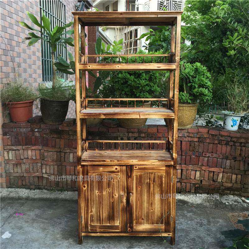 炭烧货架杉木储物架火烧木茶水柜实木多层展示架双门陈列柜木碗柜