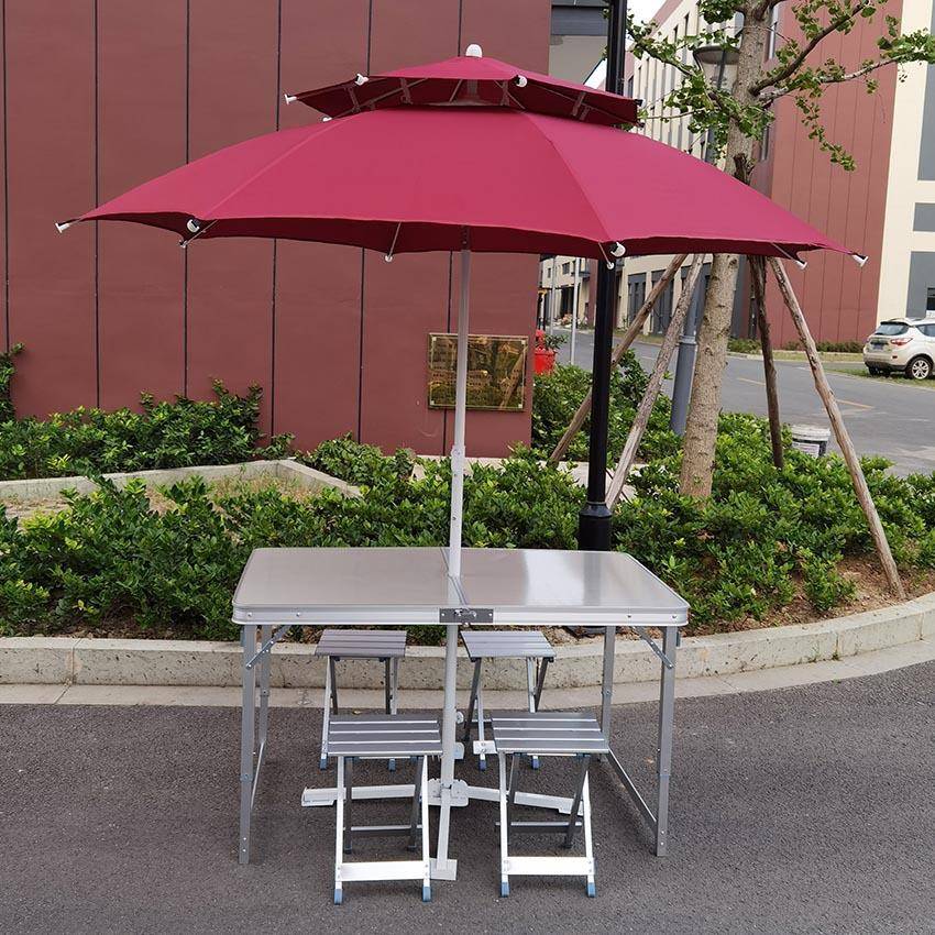 现货户外便携展业夜市摆摊广告宣传铝合折叠桌椅套装带伞